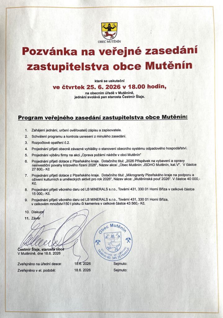 Pozvánka na&nbsp;veřejné zasedání zastupitelstva obce Mutěnín