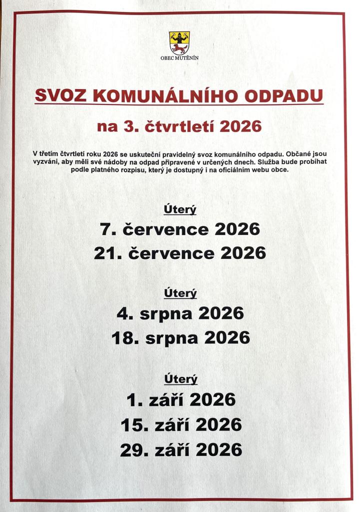 Svoz komunálního odpadu na&nbsp;3. čtvrtletí roku 2026.