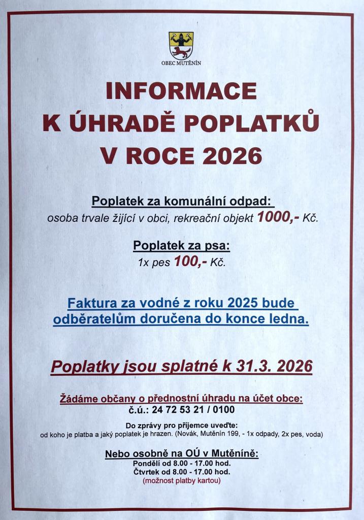 Informace k úhradě poplatků v roce 2026