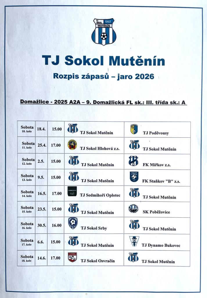 TJ Sokol Mutěnín - jarní fotbalové zápasy v&nbsp;roce 2025.