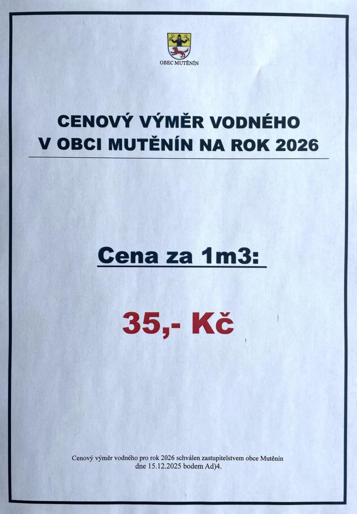 CENOVÝ VÝMĚR VODNÉHO V&nbsp;OBCI MUTĚNÍN NA&nbsp;ROK 2026
