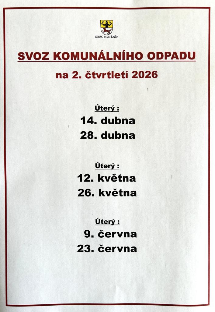 Svoz komunálního odpadu na&nbsp;2. čtvrtletí roku 2026.