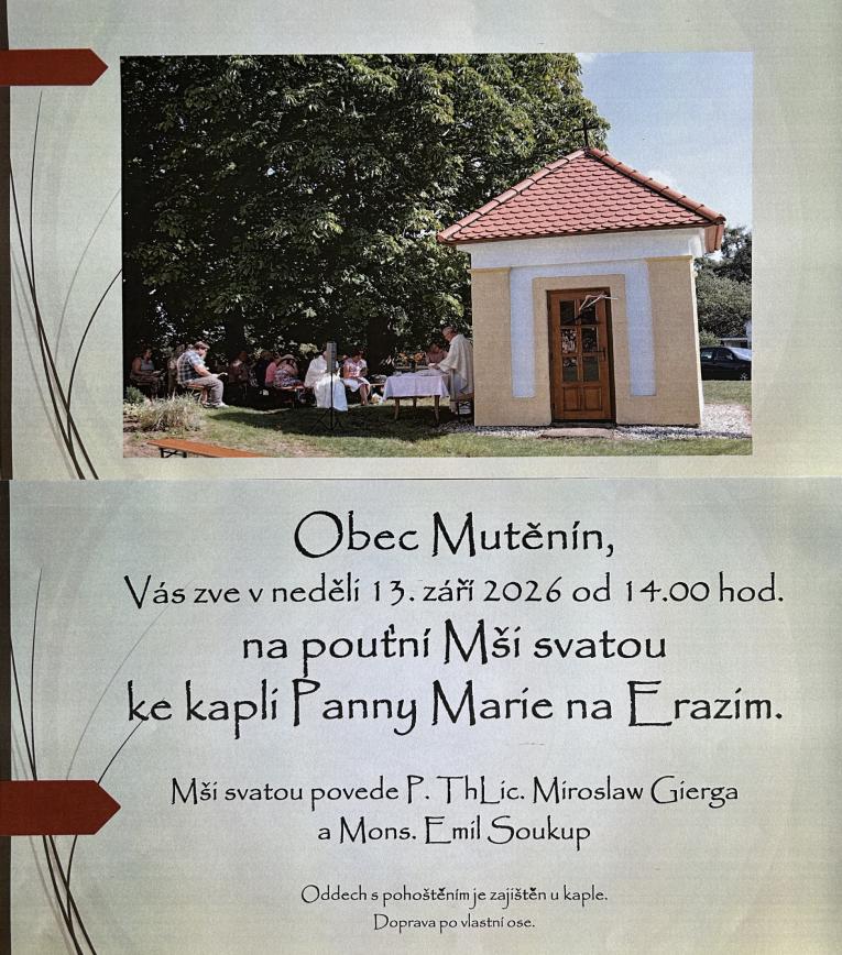 Pozvání na pouťní Mši svatou u kaple Panny Marie na Erazimu 13.9. 2026 od 14.00 hod.