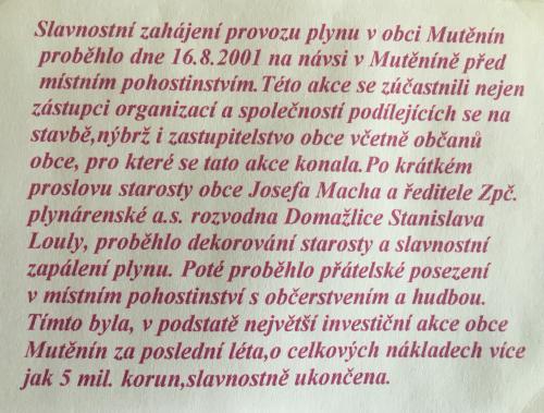 Rok 2001 - Slavnostní zahájení provozu plynovodu v obci Mutěnín.